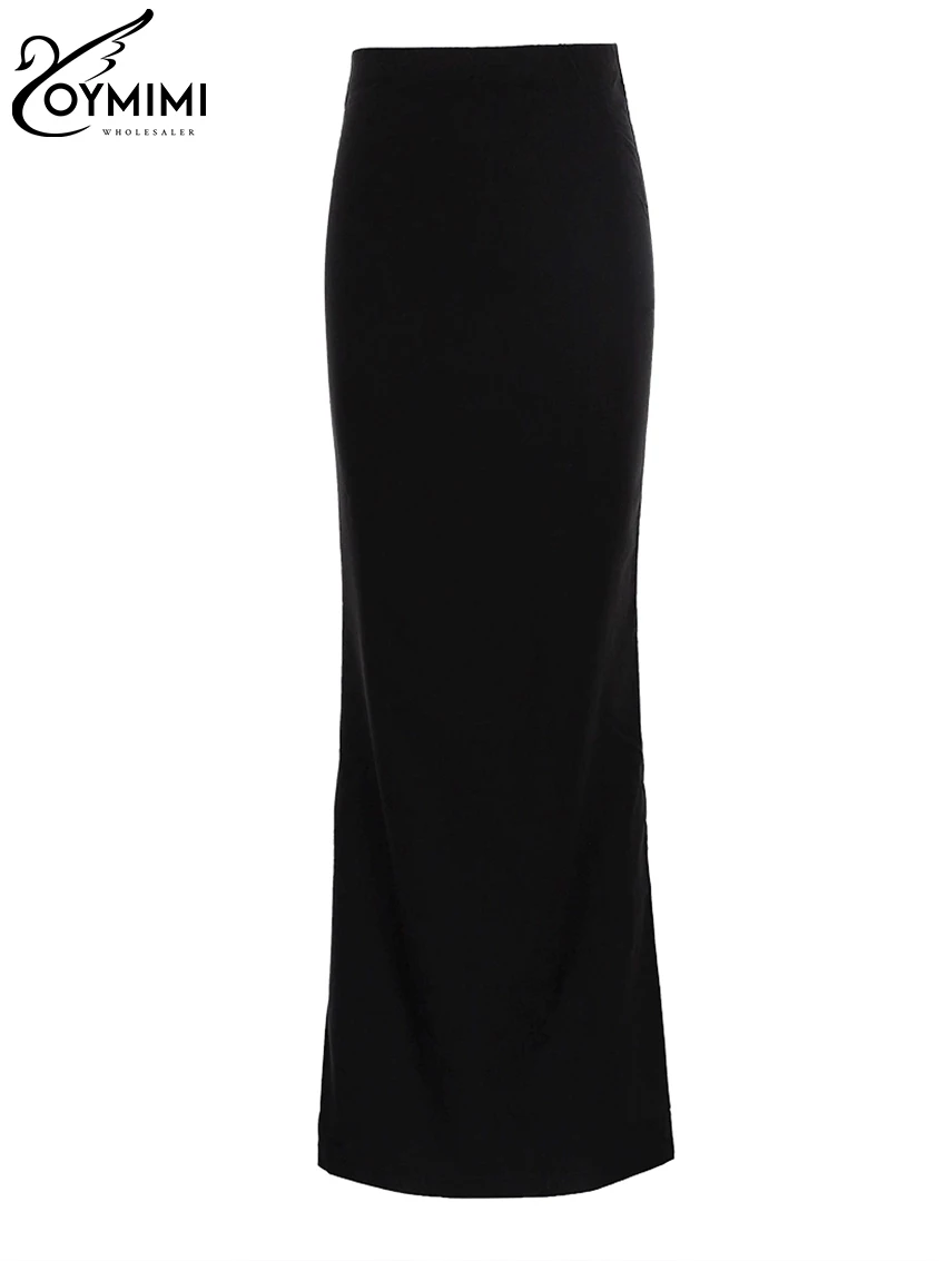 Oymimi Fashion Slim Black Rayon Skirts For Woman Elegant High Waist Long Skirt Casual Simple Skirt Female Clothing Streetwear