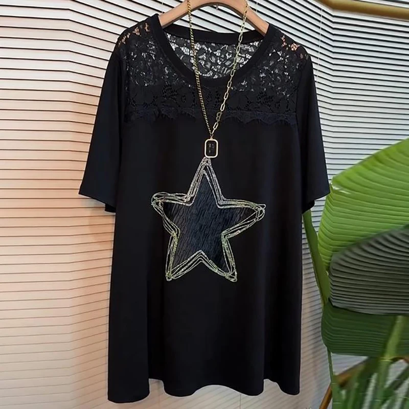 Fashion Printed Diamonds Spliced Lace Hollow Out T-Shirt Female Clothing 2024 Summer New Loose All-match Tops Casual Tee Shirt