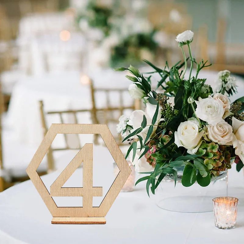 1-20 Table Number Signs Wooden Wedding Table Numbers Hexagon Shape with Holder Base Engagement Birthday Banquet Decor Wood Craft