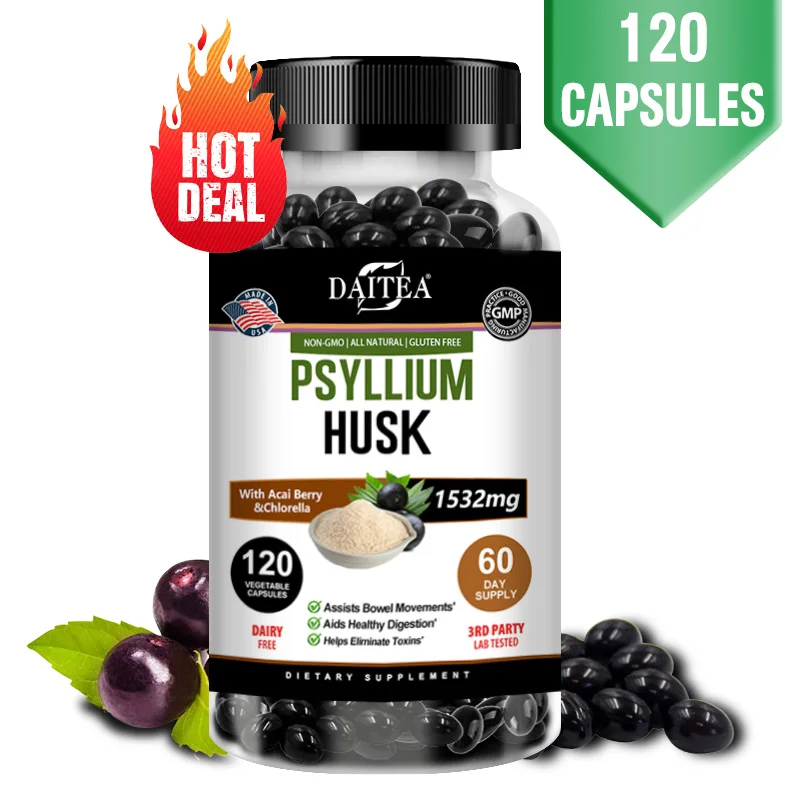 Psyllium Husk Capsules 1532 Mg Natural Soluble Fiber for Intestinal Health