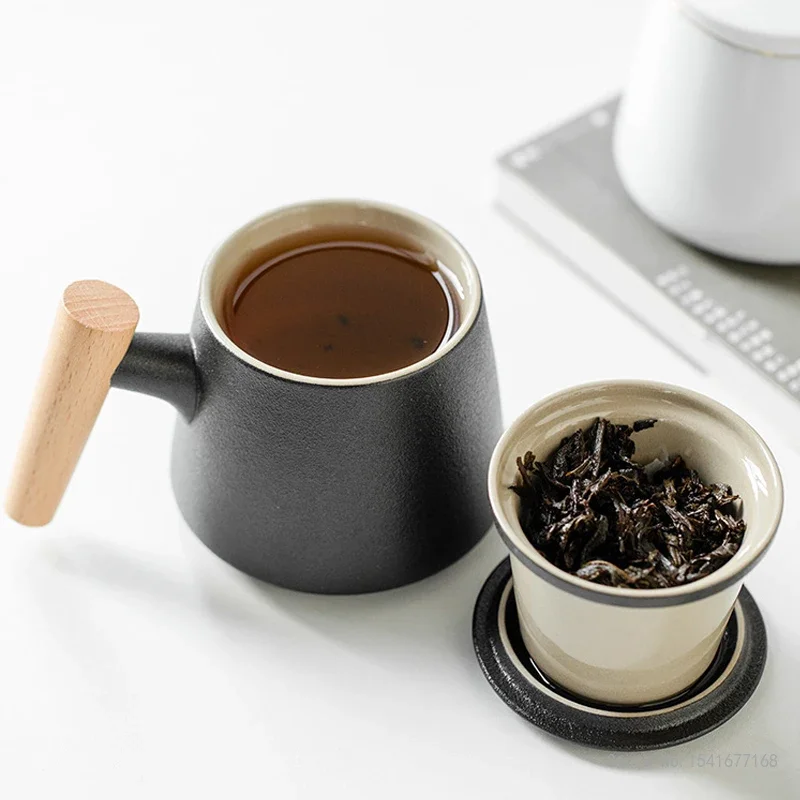 Creative Ceramic Mug with Wooden Handle, Filter Screen, Tea Water Separation, Black, White, Green, Home, Office Cup, 1Pc