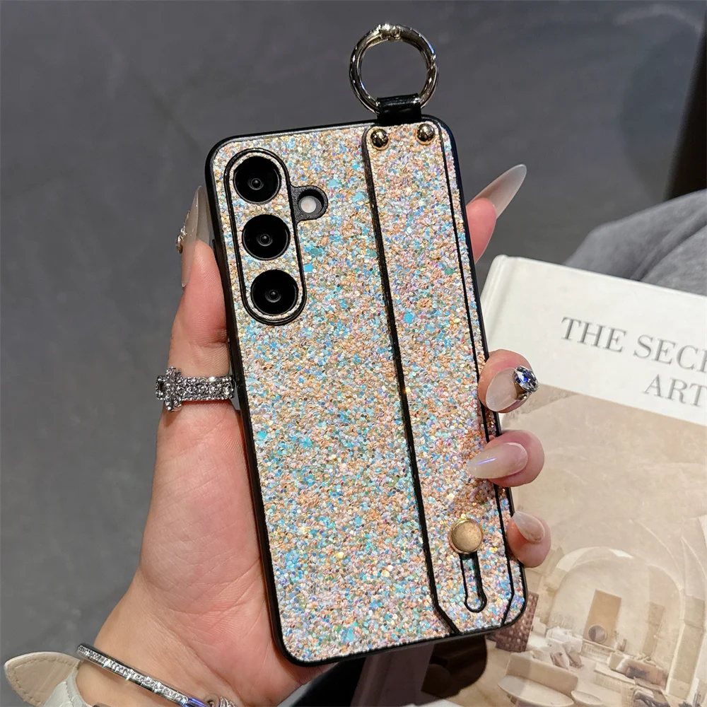 Luxury Glitter Wristband Bracket Case with Hand Strap and Bling Shockproof Cover