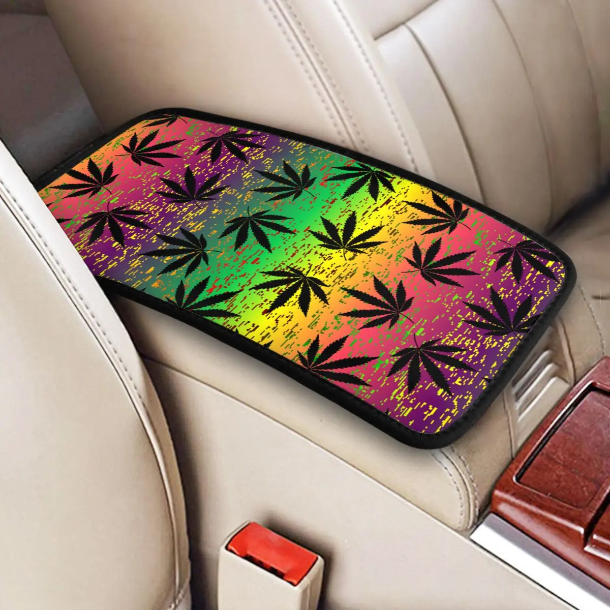 

Car Armrest Cover Mat Grunge Ethnic Hemp Leaves Center Console Cover Pad Weed Leaf Accessories Interior Storage Box Pad Cushion