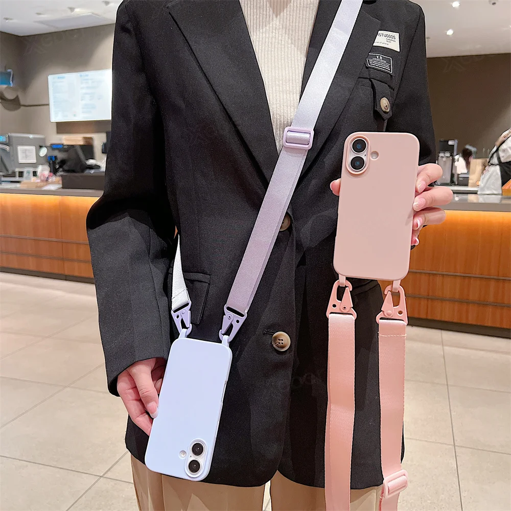 Étui de téléphone en silicone mat avec lanière large et collier bandoulière pour iPhone 16 15 14 Pro Max 13 12 11 XR XS MAX Housse mate antichoc_voghion.com
