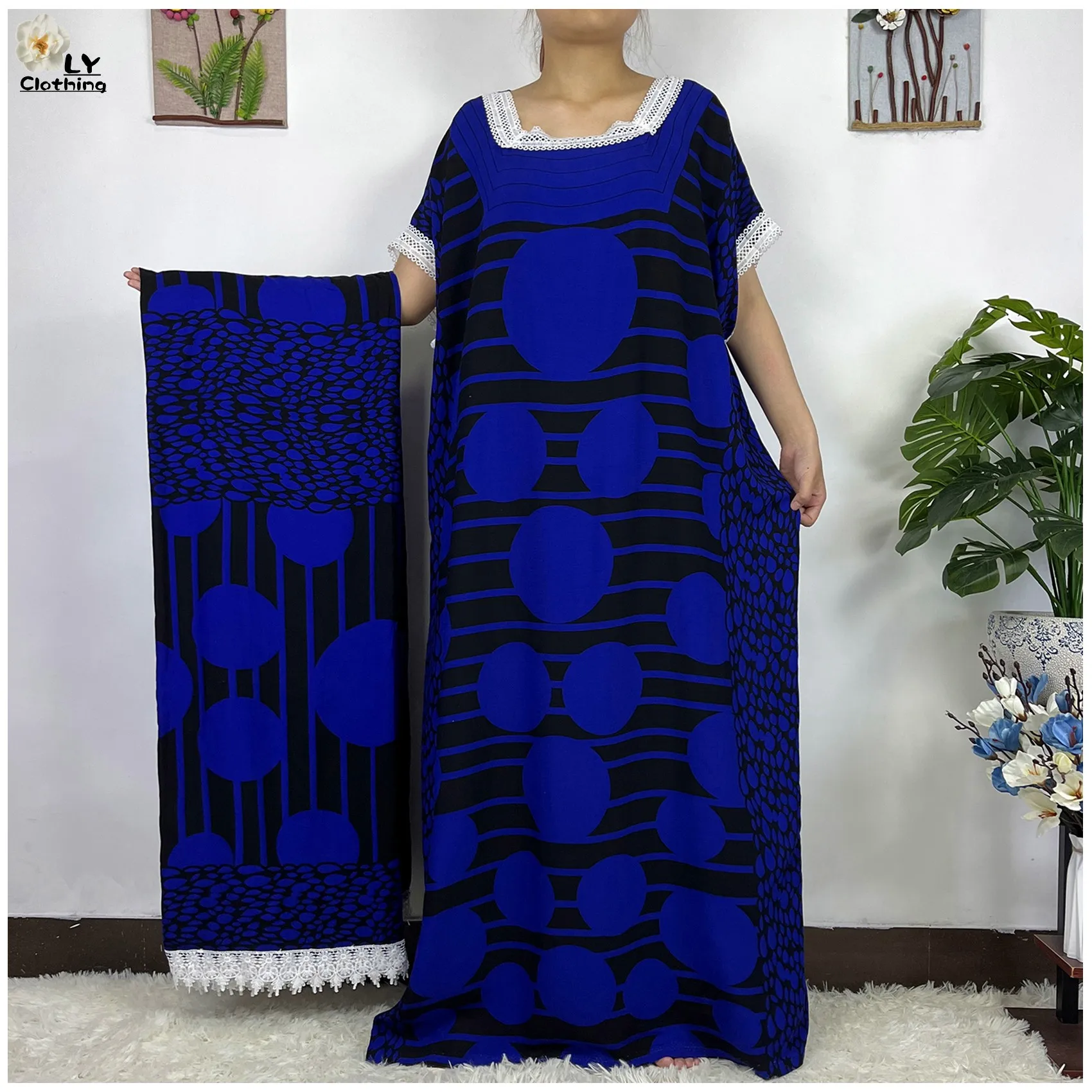 

2023 African New Printed Cotton Musilm Loose Fit Femme Robe Dress Paired With a Large Scarf Summer Traditional Islam Clothes