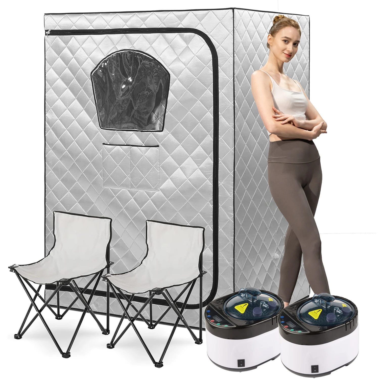 ซาวน่าไอน้ําแบบพกพาเต็นท์ 2 คนซาวน่าสําหรับโฮมสปาพร้อมเก้าอี้พับ 2 ตัวพื้นที่ขนาดใหญ่ในร่มซาวน่าห้องไอน้ําพร้อม Steamer 1