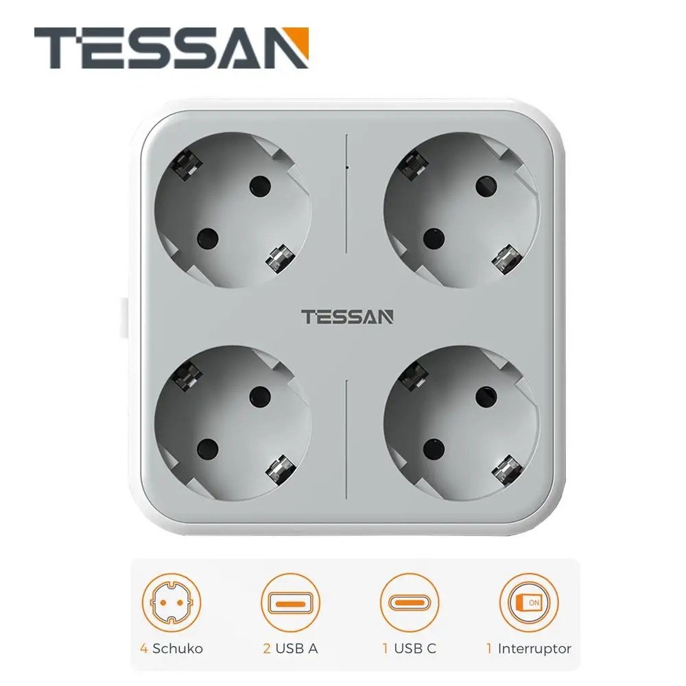 

TESSAN EU Plug Power Strip with AC Outlets & USB Charging Ports, Type C Multiple Wall Socket Adapter with Switch for Home Office