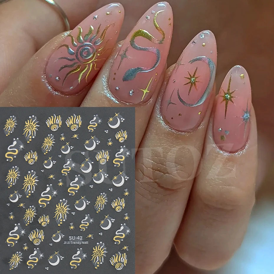 3D Snakes Star Moon Nails Stickers Gold Silver Double Color Sun Design Serpent Snakelike Crescent Pattern Manicure Decals #SU-42 2