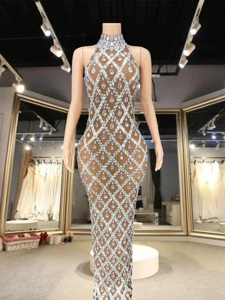 open lace back dress Beaded-Fringe Primavera Long Prom Dress 4149 Nude Silver / 000 main image 1
