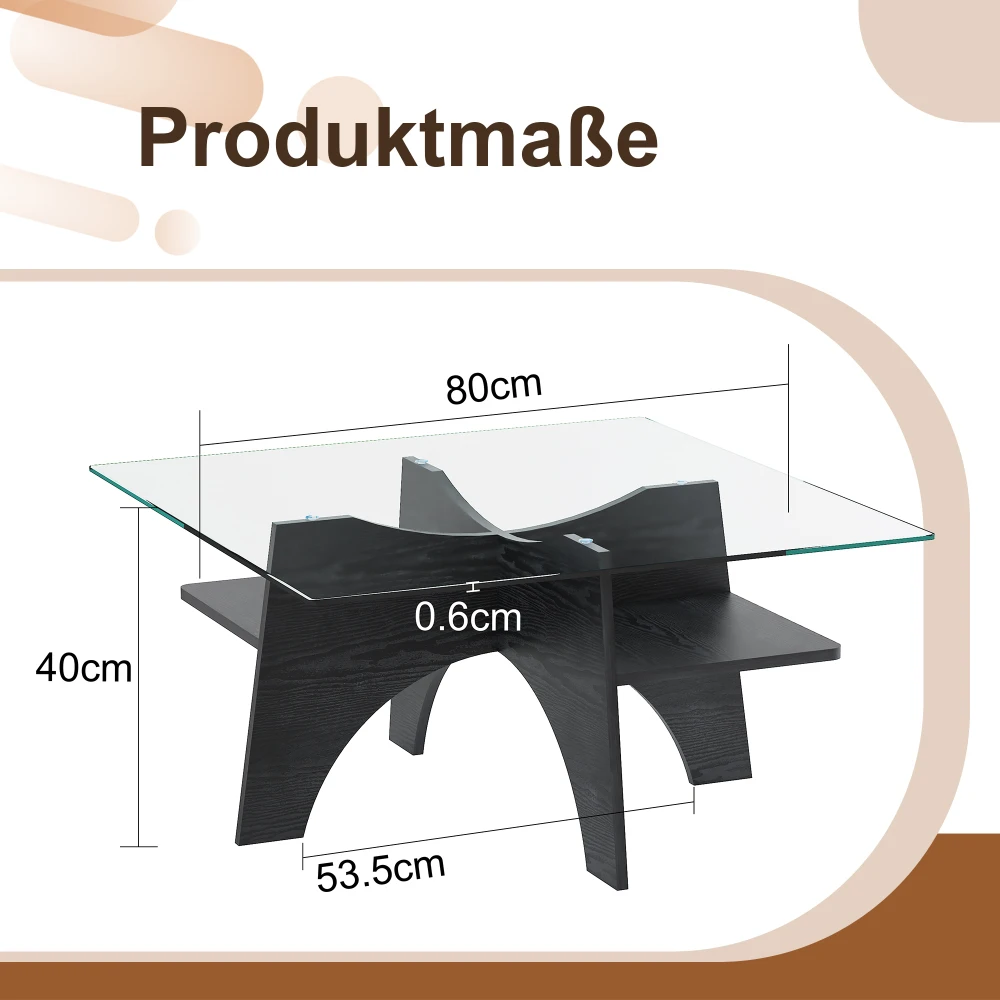 Moderner quadratischer Beistelltisch/Couchtisch aus Sicherheitsglas – 80 cm. Tischbeine aus MDF in Walnussholzoptik. Ideal für das Wohnzimmer – Detail 18