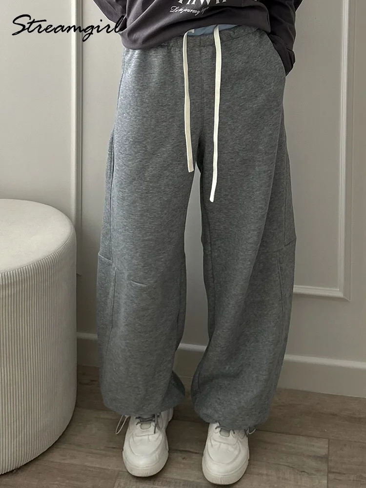 Streamgirl Women Pants Wide Leg White Gray Sweatpants Baggy Casual Color Blocking Pants Ladies Gray Sweatpants With Drawstring
