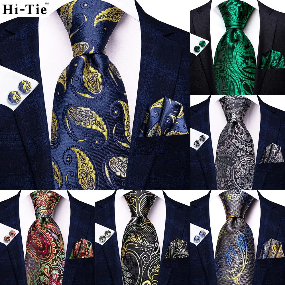 

Hi-Tie темно-синий желтый Пейсли мужские галстуки Hanky запонки набор шелковый галстук для мужчин Свадебная вечеринка бизнес 2022 новый модный бренд