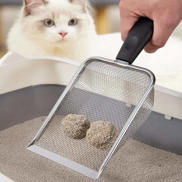 Cat Litter Shovel Small Hole Sand Hanging Hole Pet Litter Tray Sand Scooper Stainless Steel Metal Scooper Kitten Cleaning Tool