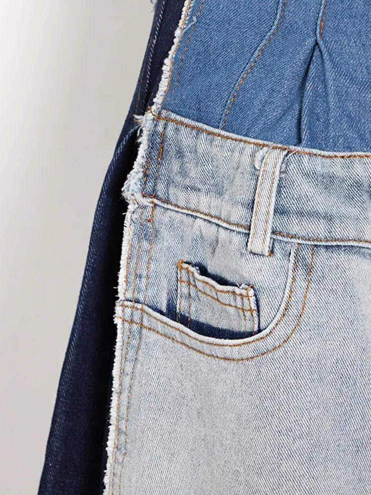 KBQ Spliced Pocket Colorblock Loose Denim Shorts For Women High Waist Tunic Casual Wide Leg Short Pants Female Fashion Style New