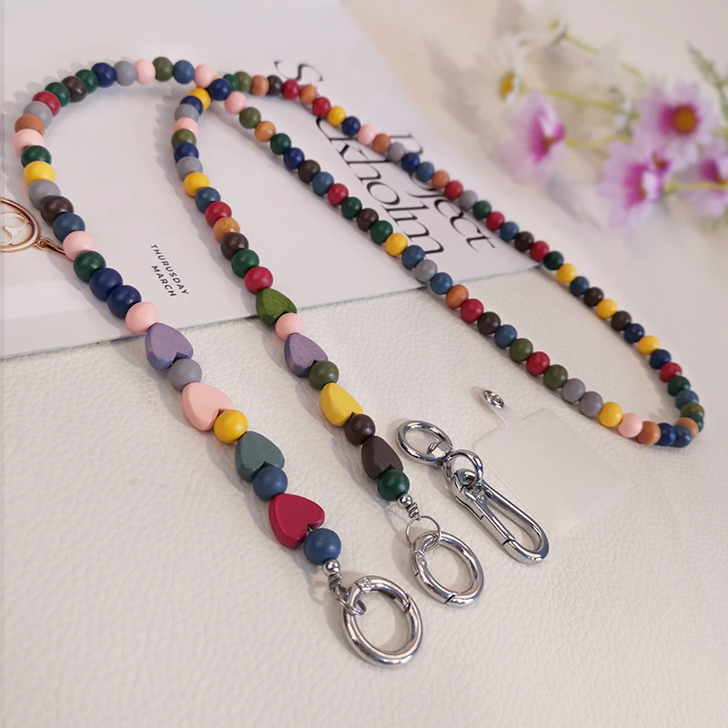

Mobile Phone Lanyard Crossbody With Universal Clip Lanyard Hanging Chain Wooden Colorful Round Beads Love Pendant Womens Lanyard