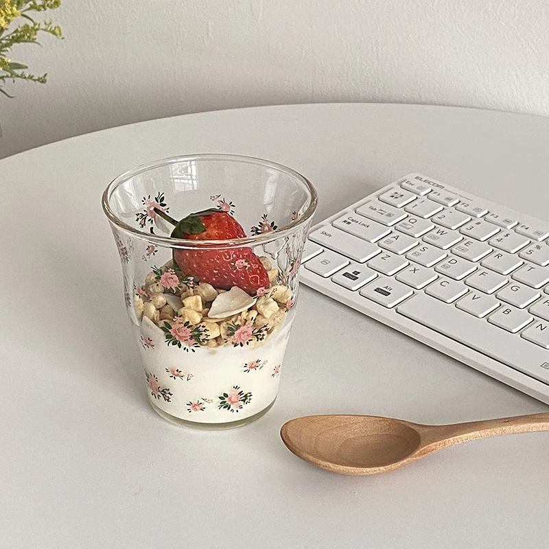 Glass Cup Rose Printed Milk Coffee Cups Household Couple Water Mug Teacup Heat Resistance Thicken Drinkware
