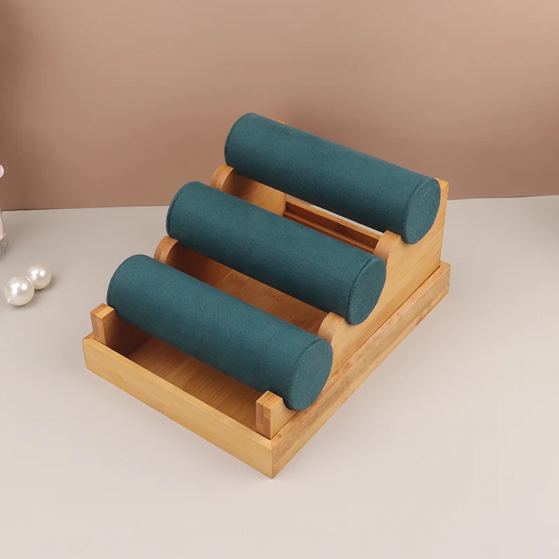 Green Solid Wood High-grade Three Layer Detachable Velvet Bracelet Rack Headband Jewelry Display Rack