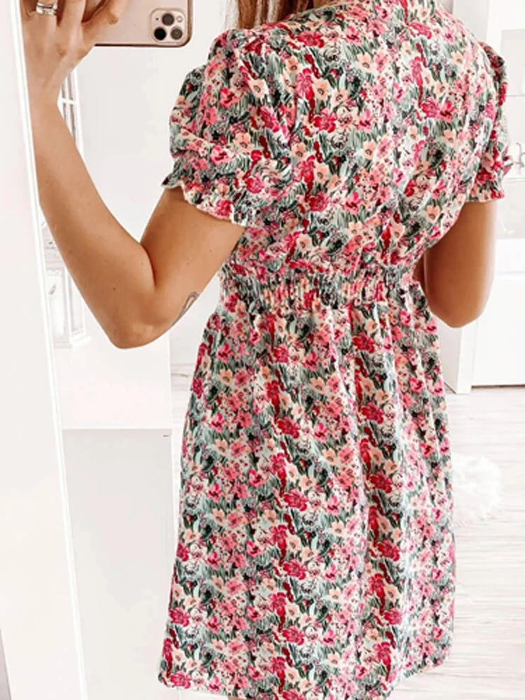 Sweet Printed 3/4 Sleeves Draped Women Dress 2022 Summer Elegant Holiday Girly Dresses Sexy V-Neck Waist-Up Bohemia Mini Dress