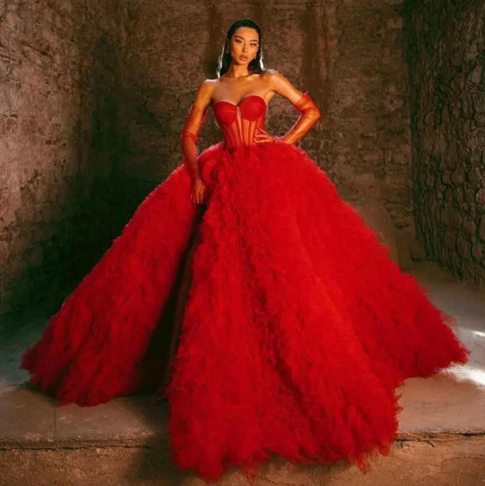 

Amazing Red Voluminous Tulle Long Maxi Gowns With Corset Bustier Puffy Split Ruffles Trimmed Bridal Dresses Women Maxi Dress