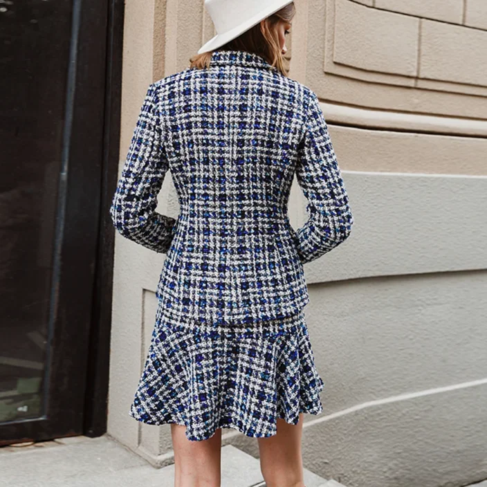 Fashion Elegant Autumn Winter Plaid Women Blazer Coat Causal Long Sleeve Coat Short Office Ladies Double Breasted Women Suit
