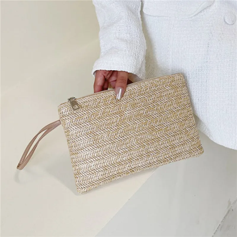 Clutch Bag for Women Handmade Backpack Fashion Ladies Wristlet Girl Phone Solid Straw Woven Coin Purse Beach Wallet Fresh Sweet - 5