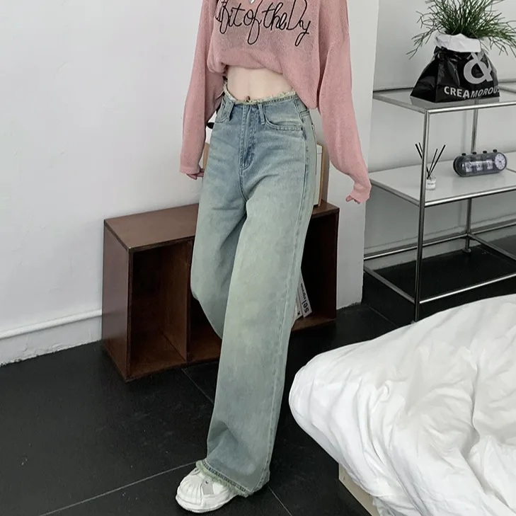 

Spring 2024 High Waist Slimming Denim Trousers for Women Korean Style Washed Raw-Edge Loose Wide Leg Jeans Casual Straight Pants