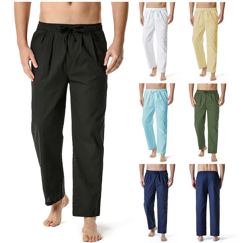 

Брюки мужские длинные из хлопка и льна, Свободные Повседневные Легкие штаны для йоги с эластичным поясом, трендовые штаны для дома и Instagram