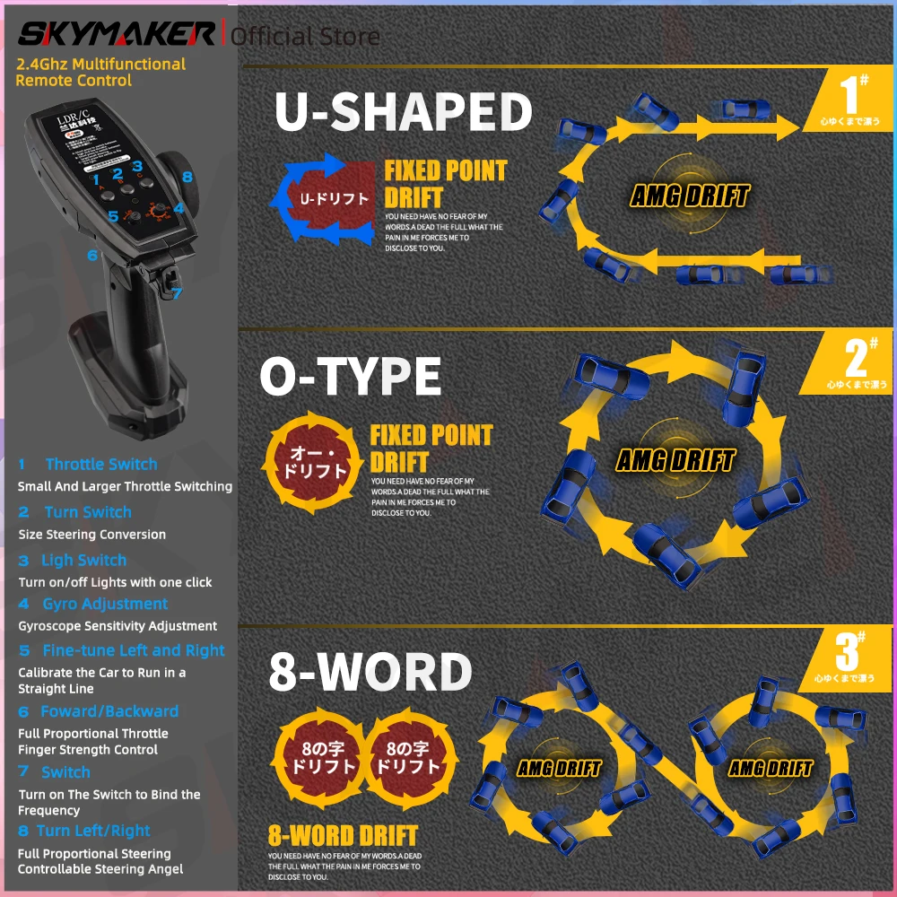Skymaker LDRC 1/18 RC Drift Car LD1899 GTR Mode R34 2.4GHz RWD with Gyroscope on-Road Alloy Body Shell Racing Car for Boys Gifts 5