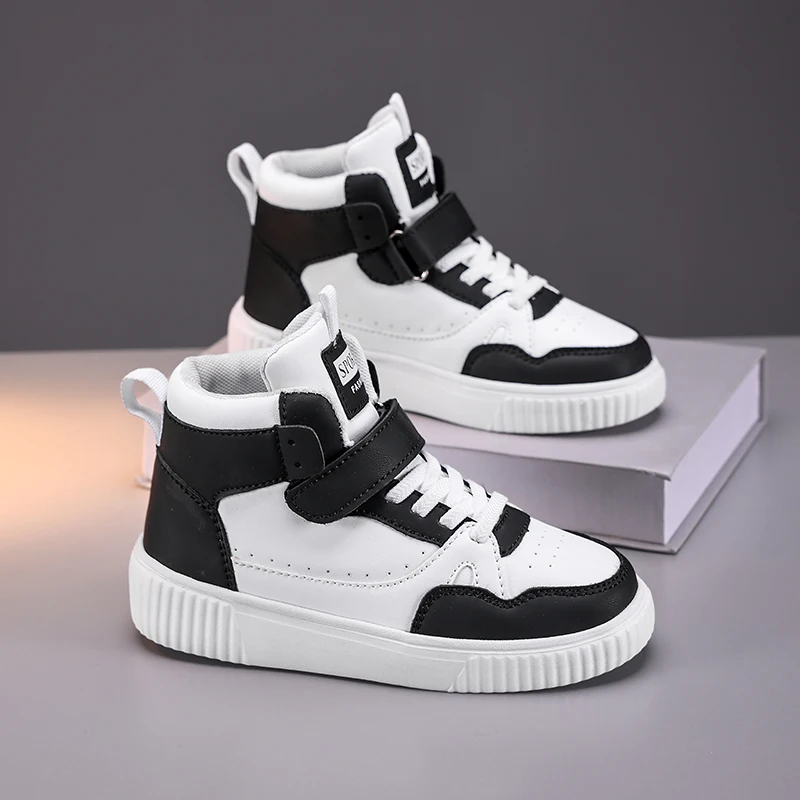 Boys High Top Sneakers - Autumn Leather Sports Shoes with Hook & Loop Closure