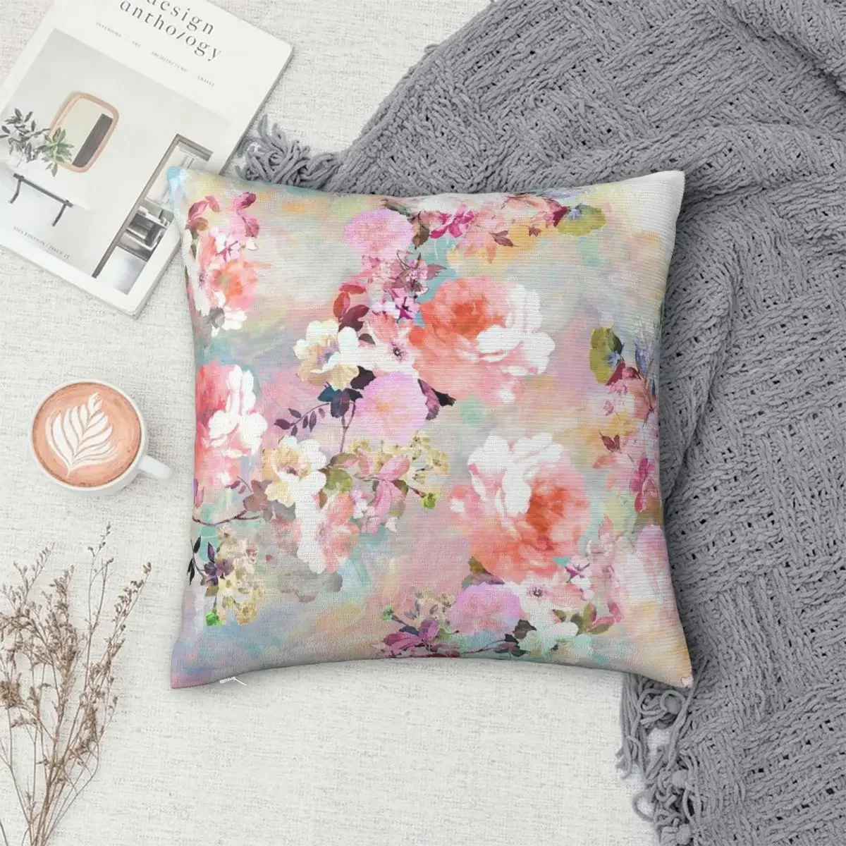 

Romantic Pink Teal Watercolor Chic Floral Pillowcase Polyester Pillow Cover Cushion Comfort Throw Pillow Sofa Decorative Cushion