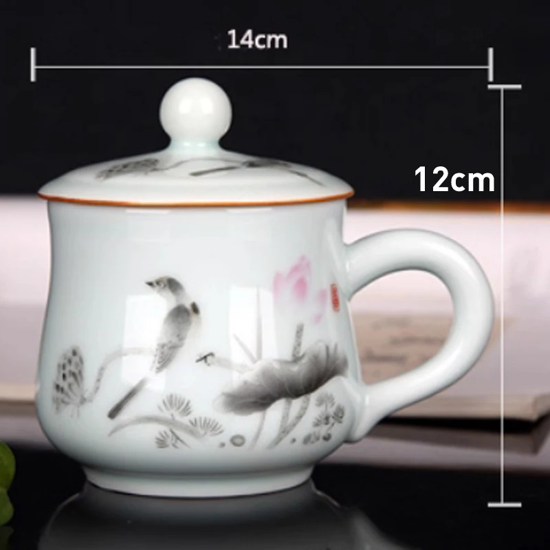 Chinese Style Pattern With Cover Ceramic Personal Tea Mug Creative Household tea service items Milk Water Coffee Cup, 300ml, 1Pc