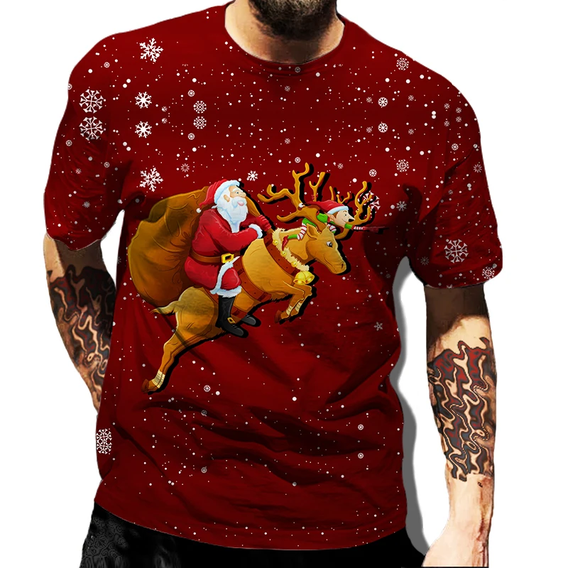 

Santa Claus Pattern Men's T-shirt Elk Print Man Short Sleeve Merry Christmas Red T shirts Casual Loose Clothing O-Neck Tops 6XL