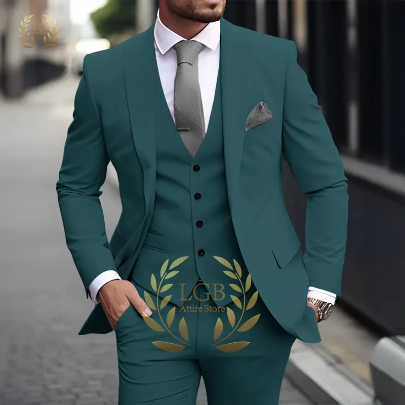 Men's Khaki 3-Piece Suit Classic Peak Lapel Business Formal Wedding Groom Slim Fit Elegant Gentleman Style Fashion Blazer - Image 24