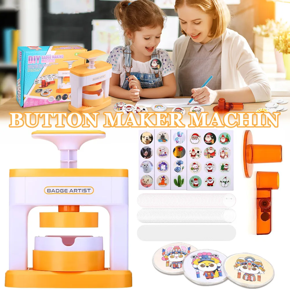 Mini Badge Button Maker Machine Set, DIY Pin Badge Button Press with 48Pcs Button Part+Cute Sticker+Circle Cutter, Badge Machine