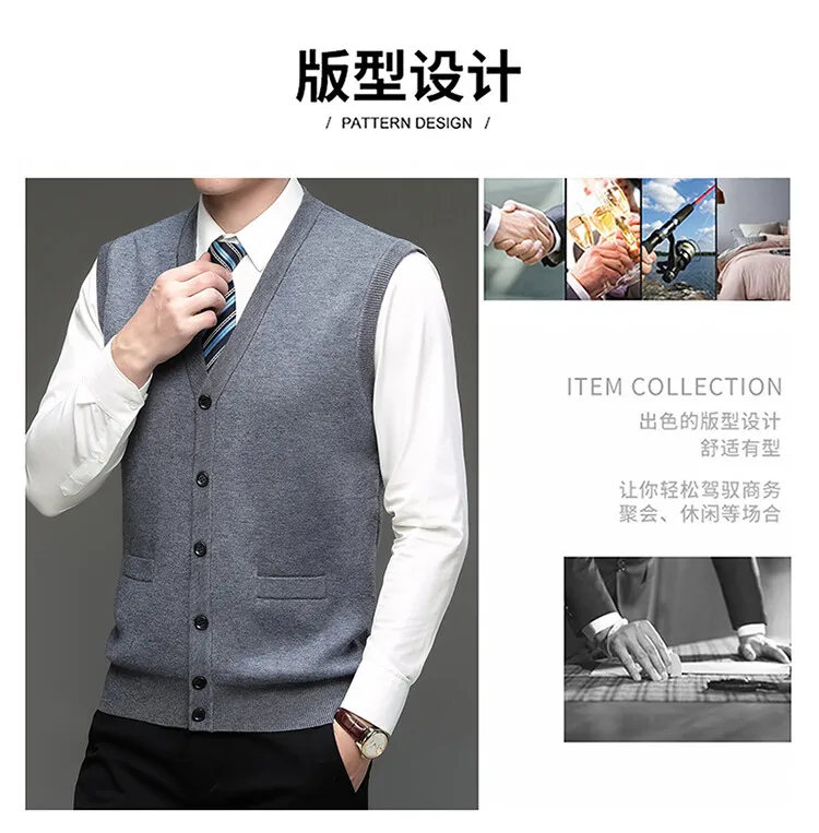 Description Picture 6 of itemMen Wool Coats Vest Extra Thick Velvet 2024 Autumn Winter Knitted Father's Man Single Breasted Sleeveless Sweater Cardigan