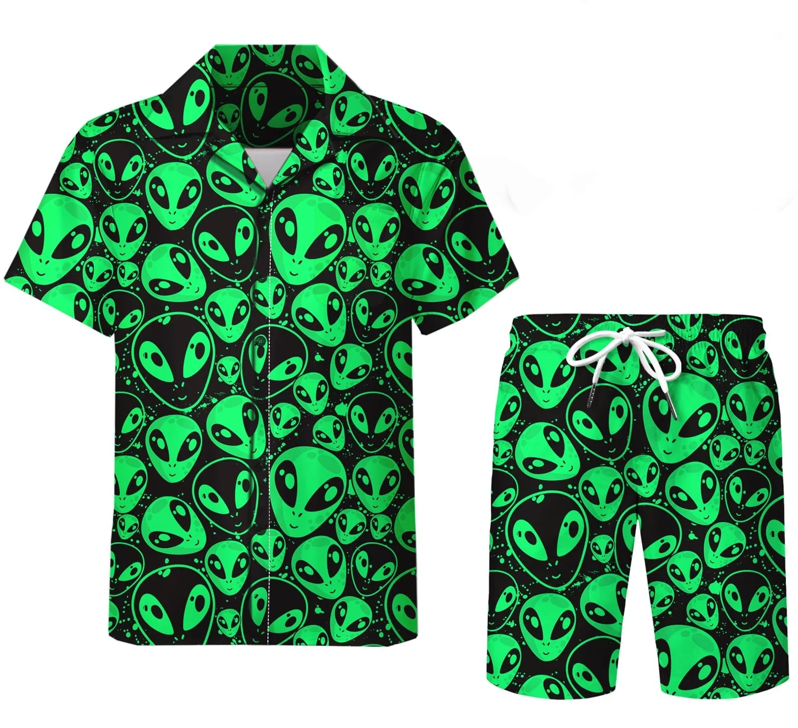 thumbnail image 1 of Conjunto de 2 piezas para hombre, estilo retro de los años 80 y 90, con estampado de setas mágicas psicodélicas, camisa 3D informal, pantalones cortos de playa de gran tamaño, estilo hawaiano para vac, 1 of 5