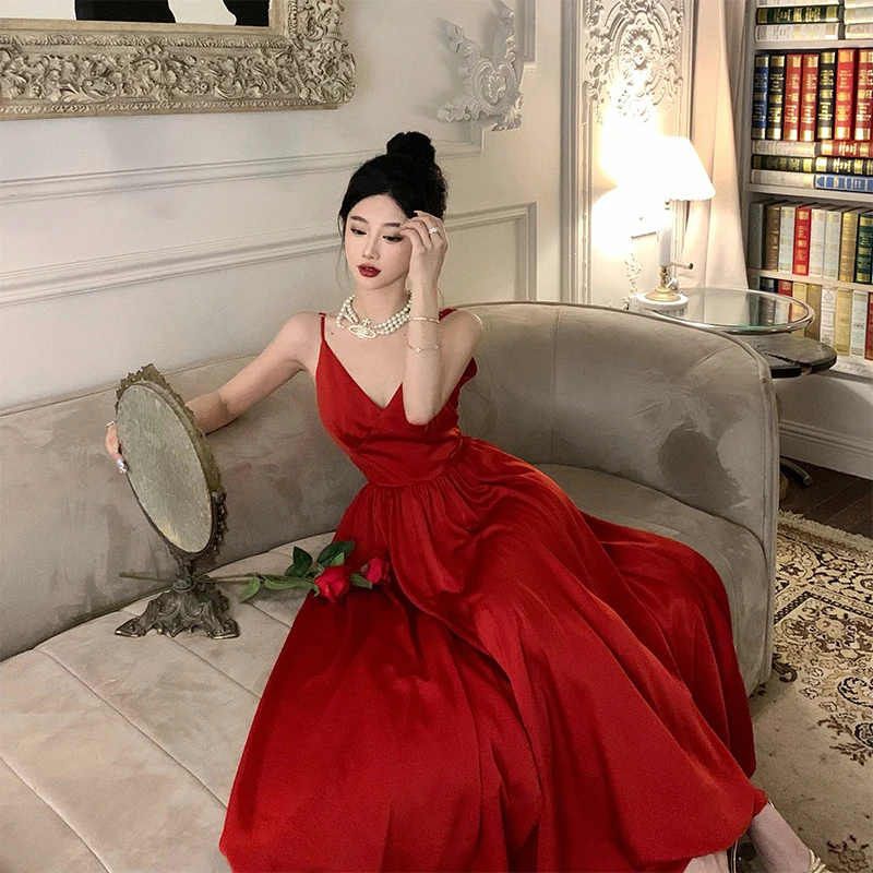 Sexy Spaghetti Strap Evening Party Dress V-neck A-line Solid Vintage Long Dresses for Women Wedding Prom Robe One Piece Vestidos