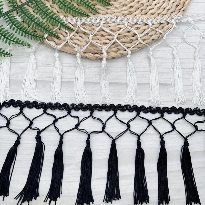 3야드/묶음 블랙 화이트 핸드 노팅 레이스 트림 태슬 프린지 무대 의상 라틴 드레스 커튼 홈 장식 M0525