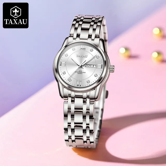 TAXAU-Relógio de pulso impermeável de aço inoxidável feminino, Trend Classic, Vestido elegante, Luxo 2