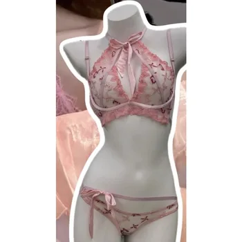 Ensemble bralette et culotte noeud ruban brodé papillon MOYISU sexy rose