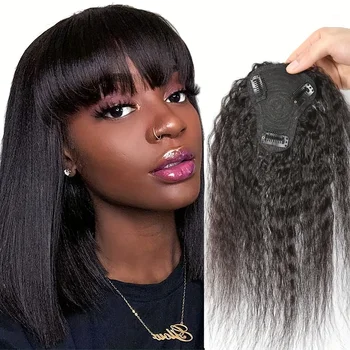 Capelli lisci crespi con frangia Pezzo di capelli Clip invisibili in pezzi di parrucca Estensioni parrucchino da donna, design Intranet a forma di T
