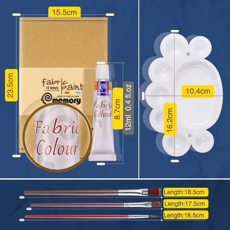 12 24 Colors Fabric Paint Set for Clothes with 6 Brushes, 1  Palette,Permanent Textile Puffy Paint Kit for Shoes, Canvas