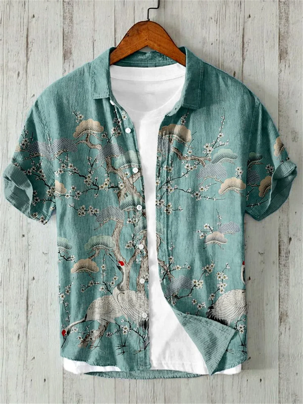 Linen Cotton Printed Shirt, Short Sleeved Lapel, Single Breasted Hawaiian Vacation Shirt, Cherry Blossom Retro Art 6