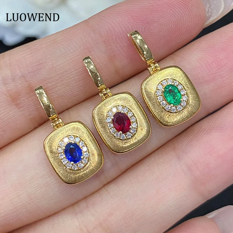 LUOWEND 18K Yellow Gold Necklace Real Natural Gemstone Pendant Fashion Geometric Shape Elegant Jewelry Gift for Women Birthday