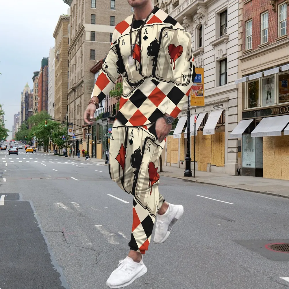 Fashion Poker 3D Print Men's Sportswear Set Casual Long-Sleeved T Shirt Pants 2-Piece Set Oversized Pullover Men Clothing 3