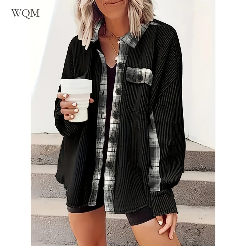 WQM New Plaid Knitting Patchwork Thick Shirt Long Sleeve Loose Buttons Top All-match Spliced Knitted Jacket Loose Comfortable varofi spliced checked high waisted jeans plaid jeans y2k jeans women jeans patchwork jeans wide leg jeans plaid jeans