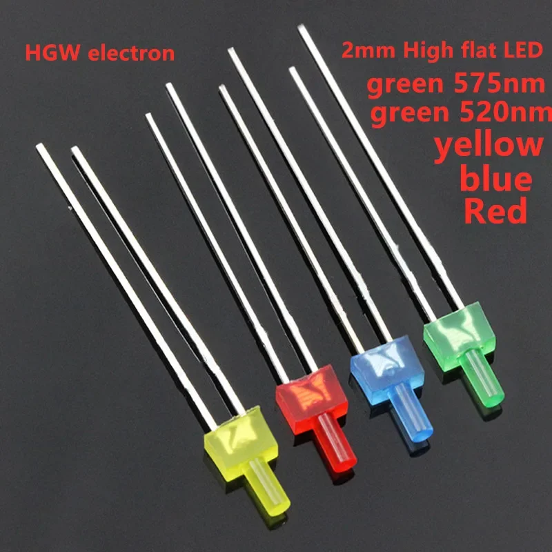 Diodos emissores de luz LED Flat Top Multicolor, Leds altos e longos, vermelho, amarelo, azul, verde, LED, F2, 2mm, 100PCs