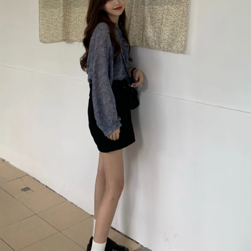 Women Blue Floral Chiffon Blouse with Puff Sleeve