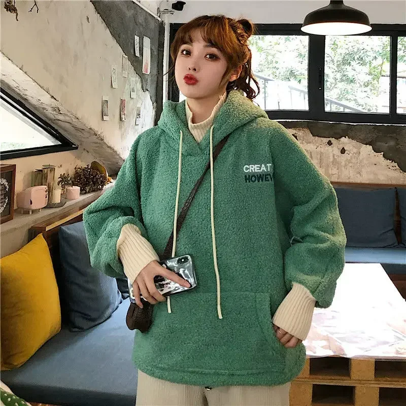 2024 Women Sweatshirt Spring Artificial Wool Hoodies Coats Warm Pullover Ladies Casual Winter Parka Outerwear Lamb Cashmere Tops