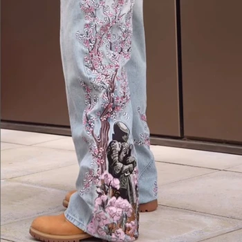 2025 New Mens Jeans Cherry Blossom Embroidery Exotic Knight Design Cultural Symbol Pattern Fusion Trendy Eye Catching Style 1